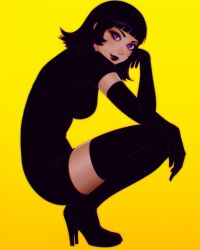 1girl black_lips blunt_bangs breasts character_request copyright_request elbow_gloves elbow_on_knee flipped_hair from_side full_body gloves hand_on_own_knee high_heels highres ilya_kuvshinov looking_at_viewer medium_breasts medium_hair purple_eyes short_sleeves simple_background smile solo squatting yellow_background
