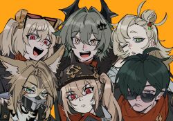 1boy 5girls :d :o ahoge animal_ears blonde_hair burnice_white caesar_king_(zenless_zone_zero) cat_ears cat_girl combat_helmet eyewear_on_head frown furry furry_female green_eyes green_hair hair_bun helmet lighter_(zenless_zone_zero) long_hair looking_at_viewer luciana_de_montefio mask mouth_mask multiple_girls offnanoda one_eye_closed open_mouth orange_background orange_eyes pickelhaube piper_wheel pulchra_fellini red_eyes red_scarf scarf short_hair side_ponytail smile sunglasses zenless_zone_zero