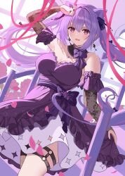 1girl :d absurdres alternate_costume armpits bare_shoulders black_nails clothes_lift commentary_request cone_hair_bun detached_collar detached_sleeves double_bun dress dress_lift earrings falling_petals flower frilled_dress frills genshin_impact greenhouse hair_between_eyes hair_bun highres indoors jewelry keqing_(genshin_impact) lifting_own_clothes long_hair long_sleeves looking_at_viewer nail_polish necklace open_mouth pendant petals purple_dress purple_eyes purple_hair red_flower red_rose rererere_mon rose sidelocks smile solo strapless strapless_dress thigh_strap twintails window