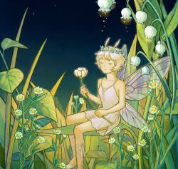 Rule 34 | 1girl, bare arms, bare shoulders, closed eyes, closed mouth, commentary request, dress, fairy, fairy wings, flower, grass, head wreath, highres, holding, holding flower, mini person, minigirl, night, night sky, original, outdoors, plant, short hair, sitting, sky, sleeveless, solo, white flower, white hair, wings, ya0n0524
