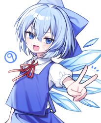 1girl :d absurdres blue_bow blue_eyes blue_hair blue_skirt blue_vest bow circled_9 cirno collared_shirt double-parted_bangs fang hair_between_eyes hair_bow highres ice ice_wings light_blue_hair neck_ribbon open_mouth outstretched_arm puffy_short_sleeves puffy_sleeves red_ribbon ribbon shirt short_hair short_sleeves simple_background skin_fang skirt skirt_set smile solo soooooook2 touhou v vest white_background white_shirt wings