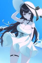 1girl absurdres arm_behind_back arm_up armband bare_shoulders black_armband black_choker black_hair black_ribbon blue_bow blue_sky bow braid breasts cha-shion choker cleavage cloud collarbone commentary_request day dress dress_ribbon dutch_angle grey_eyes hair_bow hat highres jewelry large_breasts light_particles long_hair looking_at_viewer necklace ocean open_mouth outdoors ribbon shirayuki_hina single_braid sky solo spaghetti_strap standing standing_on_one_leg stellive sun_hat thigh_strap thighs very_long_hair virtual_youtuber white_dress white_hat wind
