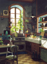 bottle bowl chair copyright_request cup day food fruit frying_pan green_theme highres indoors kitchen mat muted_color no_humans plant pot roomscape shimada_kiyoka sink still_life table teapot vase window