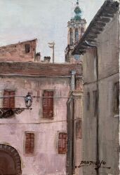 Rule 34 | building, day, dome, highres, lamp, momo7rosemary, no humans, original, painting (medium), road, scenery, street, tower, town, traditional media, window