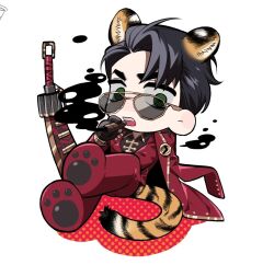 Rule 34 | 1boy, animal ears, black gloves, black hair, black skirt, black smoke, chibi, chibi only, cigar, coat, collared shirt, crossed ankles, curtained hair, gloves, hair slicked back, halftone, hands on lap, holding, holding cigar, jacket, jacket on shoulders, kemonomimi mode, limbus company, male focus, meursault (project moon), nyak 138, paw shoes, project moon, red coat, red vest, shirt, short hair, skirt, smoking, solo, sword, tail, thumb (identity) (project moon), tiger ears, tiger tail, vest, weapon, white background