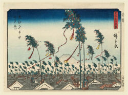 Rule 34 | 19th century, 4girls, ando hiroshige, architecture, black hair, blue sky, city, east asian architecture, facing away, fine art parody, gradient sky, highres, japan, japanese clothes, kimono, ladder, mount fuji, mountain, multiple girls, nihonga, original, outdoors, pale skin, parody, pointing, rooftop, scenery, sky, thirty-six views of mount fuji (hiroshige), traditional media, translation request, tree, ukiyo-e, volcano, wind