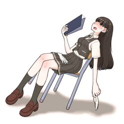 1girl black_hair black_skirt black_vest book brown_eyes brown_shoes chair collared_shirt commentary_request dress_shirt fanning_self gloves grey_socks hayashio_(kancolle) highres kantai_collection leaning_back loafers long_hair nemu_(nemurakka) pleated_skirt school_uniform shirt shoes simple_background sitting skirt socks solo unworn_gloves vest white_background white_gloves white_shirt