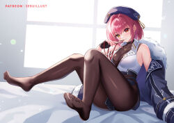 1girl beret black_bra blue_jacket bra breasts feet fingerless_gloves full_body fur-trimmed_jacket fur_trim gloves hat heterochromia hololive houshou_marine houshou_marine_(businesswoman) jacket lanyard large_breasts no_shoes off_shoulder official_alternate_costume pantyhose red_eyes red_hair sebu_illust sitting soles solo thighs toes underwear virtual_youtuber window yellow_eyes