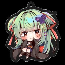 1girl black_kimono blunt_bangs blunt_ends blush butterfly_hair_ornament c: chibi closed_mouth colored_eyelashes commentary_request criss-cross_halter full_body green_hair hair_intakes hair_ornament hair_ribbon halterneck hands_up happy hime_cut japanese_clothes kimono knees_up long_hair looking_at_viewer murasame_(senren) red_eyes red_ribbon ribbon sandals senren_banka sidelocks simple_background single_bare_shoulder sitting sleeves_past_fingers sleeves_past_wrists smile solo split_mouth transparent_background two_side_up very_long_hair wide_sleeves yosh1na
