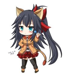 1girl absurdres animal_ears artist_name balulu_alma black_hair black_thighhighs blue_eyes boots candy chibi dated emil_chronicle_online food frilled_skirt frills highres holding holding_candy holding_food jacket long_hair messy_hair orange_jacket red_skirt shirt side_ponytail skirt striped_clothes striped_shirt thighhighs white_background yanapy