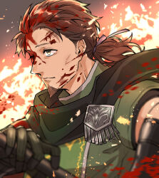 1boy blood blood_on_face blue_ribbon brown_hair cheekbones closed_mouth facial_hair fate/grand_order fate_(series) gauntlets goatee green_tunic grey_eyes hector_(fate) highres itokon300 looking_ahead male_focus mature_male one_eye_closed ponytail ribbon solo tunic upper_body