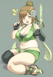 +_+ 1girl asymmetrical_clothes bad_feet bad_id bad_pixiv_id bao_sanniang blush breasts brown_eyes cleavage fangs female_focus fingerless_gloves gloves large_breasts maou_alba midriff paw_pose plump sangoku_musou_1 shin_sangoku_musou short_hair single_thighhigh solo thighhighs translation_request