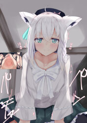Rule 34 | 1boy, 1girl, ahoge, black hat, blush, bookshelf, bow, bowtie, braid, ceiling, censored, clitoris, closed mouth, collarbone, commentary request, cowgirl position, from below, green skirt, hair between eyes, hair ribbon, happy sex, hat, heart, heart-shaped pupils, hetero, highres, hololive, indoors, inset, invisible penis, long sleeves, mosaic censoring, out of frame, paid reward available, pantyhose, pov, pussy, ribbon, sex, shirakami fubuki, shirt, skirt, smile, sound effects, sound effects only, straddling, symbol-shaped pupils, tikuwazyousyou, torn clothes, torn pantyhose, urethra, vaginal, virtual youtuber, white hair, white shirt