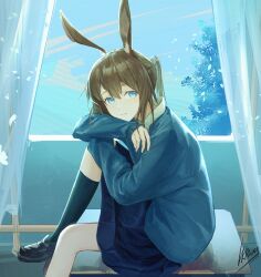 1girl absurdres amiya_(arknights) animal_ears arknights black_shoes black_skirt black_socks blue_eyes blue_sweater curtains foot_out_of_frame hair_between_eyes highres knee_up kneehighs loafers looking_at_viewer parted_lips pleated_skirt ponytail shoes short_hair signature sitting skirt sleeves_past_wrists socks solo sweater tendai_no_karasu window