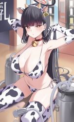 1girl alternate_costume animal_ears animal_print armpits bell bikini black_hair black_halo blue_archive breasts commentary_request container cow_ears cow_horns cow_print cow_print_bikini cow_print_gloves cow_print_thighhighs fake_animal_ears fake_horns gloves halo highres horns huge_breasts long_hair looking_at_viewer neck_bell o-los print_bikini print_gloves print_thighhighs red_eyes rio_(blue_archive) seiza sitting solo swimsuit thighhighs very_long_hair