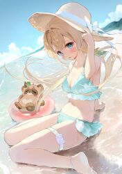 1girl animal aqua_bikini barefoot beach bikini blonde_hair blue_eyes blue_sky breasts cleavage day frilled_bikini frills hana_mori hat highres hololive kazama_iroha long_hair medium_breasts outdoors pokobee ponytail sand sky solo sun_hat swim_ring swimsuit tanuki thigh_strap virtual_youtuber water