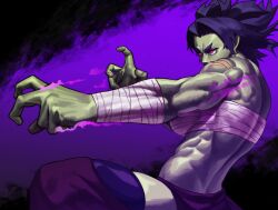 Rule 34 | 1girl, abs, absurdres, black hair, breasts, chest sarashi, colored skin, fighting stance, glowing, glowing eyes, green skin, highres, large breasts, muscular, muscular female, orc, original, purple background, red eyes, reksha (whatatruehero), sarashi, scar, scar on shoulder, skirt, solo, sotcho, spiked hair