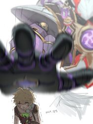 Rule 34 | 1boy, aether (genshin impact), ahoge, armor, black armor, blonde hair, blood, blood in hair, blood on clothes, blood on face, braid, brown gloves, brown shirt, bruise, bruise on arm, bruise on face, cable, commentary request, debris, earrings, gauntlets, genshin impact, gloves, gold trim, hair between eyes, hand on own chest, hand up, highres, imminent punch, injury, jewelry, korean commentary, korean text, long hair, looking down, mecha, mechanical arms, mechanical hands, mitsudomoe (shape), nosebleed, one eye closed, robot, rope, scaramouche (genshin impact), scaramouche (shouki no kami) (genshin impact), scarf, shimenawa, shirt, short sleeves, shoulder armor, simple background, single earring, sweat, teeth, tlqkffhadktlqkf, tomoe (symbol), translation request, trembling, upper body, white background, white scarf, yellow eyes