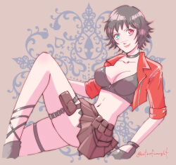 Rule 34 | 1girl, allie (united f), artist name, black gloves, black hair, black skirt, breasts, devil may cry: peak of combat, devil may cry (series), gloves, green eyes, heterochromia, jacket, lady (devil may cry), looking at viewer, midriff, official alternate costume, red eyes, red jacket, short hair, skirt, smile, thigh strap
