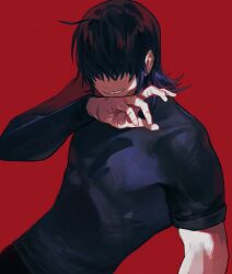 Rule 34 | 1boy, absurdres, black hair, commentary request, copyright request, covered eyes, cowboy shot, dutch angle, grin, hair behind ear, hair over eyes, highres, long sleeves, male focus, p (pm 611a), red background, short sleeves, smile, solo, teeth