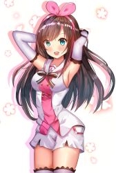 1girl ame_sagari armpits arms_behind_head black_bow black_bowtie blue_eyes blush bow bowtie breasts brown_hair buttons collared_jacket commentary cowboy_shot detached_sleeves drop_shadow floral_background hair_bow hairband highres jacket kizuna_ai kizuna_ai_inc. lace lace-trimmed_sleeves lace-trimmed_thighhighs lace_trim large_breasts long_hair long_sleeves looking_at_viewer open_clothes open_jacket open_mouth pink_bow pink_hairband pink_shirt ribbon-trimmed_collar ribbon_trim sailor_collar shirt short_shorts shorts sideboob simple_background single_strap sleeveless sleeveless_jacket sleeveless_shirt smile solo striped_bow striped_bowtie striped_clothes teeth thighhighs upper_teeth_only virtual_youtuber white_background white_jacket white_sailor_collar white_shorts white_sleeves white_thighhighs