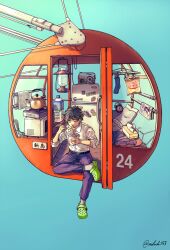 Rule 34 | 1boy, alarm clock, artist name, bag of chips, bed, belt, belt buckle, black belt, blue background, blue socks, bottle, brown hair, buckle, chopsticks, clock, closed eyes, clothes hanger, collared shirt, commentary request, crocs, crossed legs, cup, cup ramen, door handle, dress shirt, eating, english text, ferris wheel, ferris wheel interior, food, foot up, gradient background, green shoes, hands up, hanging lantern, highres, holding, holding chopsticks, holding cup, holding food, kettle, magazine (object), magnet, mahoshiki, male focus, microwave, open door, open mouth, original, pants, pillow, portable stove, purple pants, purple shirt, radio, refrigerator, refrigerator magnet, shirt, shirt tucked in, shoes, short hair, signature, slice of life, socks, solo, tile floor, tiles, towel, translation request, unworn shirt, unworn socks, water bottle, white shirt, white socks, wide shot