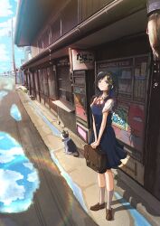 1girl absurdres after_rain animal bag black_hair blue_dress blue_eyes brown_bag brown_shoes cat collared_shirt dress hair_ornament hairclip handbag highres holding holding_bag ichiha_t loafers long_hair original pinafore_dress puddle real_world_location scenery shirt shoes short_sleeves sleeveless sleeveless_dress solo standing storefront utility_pole water white_shirt x_hair_ornament