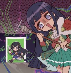 Rule 34 | 2girls, :d, arrow (symbol), audience, black boots, black hair, blue eyes, blue jacket, blue skirt, blunt bangs, blunt ends, boots, cat, chibi, commentary request, dagger, epaulettes, false smile, fleeing, fur-trimmed jacket, fur trim, green jacket, green skirt, hair ornament, hairclip, hands up, holding, holding dagger, holding knife, holding mace, holding weapon, jacket, jacket on shoulders, kagura hikari, knife, kudach i, leaning to the side, leg up, long hair, looking ahead, looking at viewer, mace, miniskirt, multiple girls, open mouth, pleated skirt, purple eyes, red jacket, red sash, running, sash, shaded face, shadow, shoujo kageki revue starlight, shoulder sash, single stripe, skirt, smile, sparkle hair ornament, stadium, standing, striped clothes, striped skirt, tassel, tearing up, tsuyuzaki mahiru, two-handed, two side up, very long hair, wavy mouth, weapon
