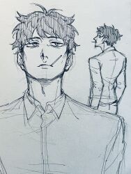 Rule 34 | 1boy, arm at side, candy, collared shirt, food, ha jinsung, highres, holding, holding candy, holding food, holding lollipop, lollipop, looking at another, mature male, monochrome, multiple views, original, pants, paper, pen, shirt, short hair, sincal1224, sketch, solo, tower of god, traditional media, white background