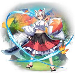 1girl animal_ear_fluff animal_ears autumn_leaves black_sandals black_skirt closed_mouth detached_sleeves falling_leaves frilled_skirt frills full_body game_cg geta ginkgo_leaf grey_hair hat highres holding holding_shield holding_sword holding_weapon inubashiri_momiji leaf leaf_print looking_at_viewer maple_leaf_print midriff navel official_art outdoors pom_pom_(clothes) red_eyes red_hat red_skirt rotte_(1109) sandals shield shirt short_hair skirt solo sword tail third-party_source tokin_hat touhou touhou_lostword transparent_background tree two-tone_skirt weapon white_shirt wide_sleeves wolf_ears wolf_girl wolf_tail