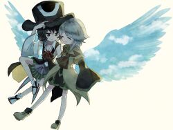 2others androgynous ascot black_eyes black_hair brown_ascot brown_coat coat collared_shirt collared_socks detached_sleeves enraku_tsubakura eye_on_hat green_hakama grey_hair hakama hat highres houlen_yabusame japanese_clothes kimura8556spsk large_hat layered_sleeves len&#039;en long_sleeves multiple_others neck_ribbon open_mouth other_focus puffy_short_sleeves puffy_sleeves red_ribbon ribbon ribbon-trimmed_coat ribbon_trim shirt short_hair short_hair_with_long_locks short_over_long_sleeves short_sleeves shorts sleeveless sleeveless_coat smile top_hat white_shirt white_sleeves wide_sleeves wings