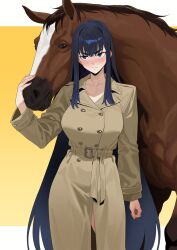 1girl black_eyes black_hair blush body_fur border breasts brown_coat brown_fur coat collarbone cowboy_shot highres horse kill_la_kill kiryuuin_satsuki large_breasts long_hair mm_(yoromu) naked_coat simple_background trench_coat white_border yellow_background