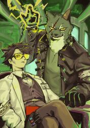 2boys animal_ears arknights black_gloves black_hair black_jacket black_shirt black_vest capone_(arknights) clenched_hand commentary cosplay electricity electrokinesis fangs frankenstein&#039;s_monster frankenstein&#039;s_monster_(cosplay) furry furry_male gambino_(arknights) glasses gloves halloween halloween_costume helpme_erin highres jacket lab_coat laboratory looking_at_viewer male_focus multiple_boys scar scar_across_eye scar_on_face shirt torn_clothes vest vial victor_frankenstein victor_frankenstein_(cosplay) wolf_boy wolf_ears