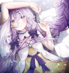 1girl :o arcaea arms_up bare_shoulders bow braid charon_(arcaea) collar dress hair_between_eyes hair_ornament highres jacket lagrange_(arcaea) long_hair lying monocle purple_bow purple_eyes purple_hair sidelocks single_braid solo twintails upper_body user_ckhw5237 white_jacket yellow_dress