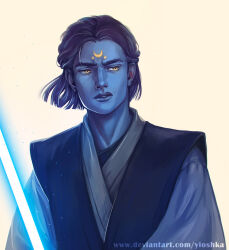 1boy alien artist_name blue_hair blue_lightsaber blue_skin colored_skin deviantart_username energy_sword facial_mark forehead_mark jedi lightsaber looking_to_the_side male_focus pantoran signature simple_background solo star_wars sword watermark weapon web_address white_background yellow_eyes yioshka