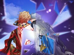 2boys antenna_hair arm_tattoo armlet armor back_tattoo black_gloves black_shirt blonde_hair blue_cape blue_sky braid cape chabo_(tomori0925) closed_eyes coat commentary_request crack cracked_glass fingerless_gloves from_behind gloves gold_necklace gradient_hair hair_between_eyes highres honkai:_star_rail honkai_(series) jewelry leaning_on_person male_focus medium_hair multicolored_hair multiple_boys mydei_(honkai:_star_rail) necklace pauldrons phainon_(honkai:_star_rail) red_cape red_hair red_tattoo shirt short_hair shoulder_armor side_braid side_cape single_glove single_pauldron sitting sky tattoo white_coat white_hair yaoi