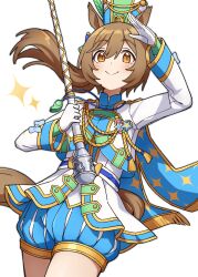 1girl animal_ears band_uniform blue_shorts blush brown_eyes brown_hair cape gloves hair_between_eyes hat highres holding horse_ears horse_girl horse_tail long_hair looking_at_viewer marching_band_baton medium_hair official_alternate_costume ponytail sha_(siasha0104) shako_cap shorts smart_falcon_(luminous_twirler)_(umamusume) smart_falcon_(umamusume) smile solo tail umamusume white_gloves