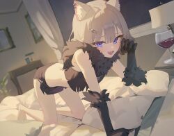 1girl absurdres all_fours animal_ears bare_legs bare_shoulders barefoot bed black_shirt black_skirt cat_ears claws cosplay crop_top crop_top_overhang cup drinking_glass fur_collar grey_hair highres indie_virtual_youtuber kazusa_(blue_archive) kazusa_(blue_archive)_(cosplay) kazusa_(halloween)_(blue_archive) looking_at_viewer medium_hair midriff miniskirt on_bed open_mouth seorang_(vtuber) shirt side_slit skirt sleeveless sleeveless_shirt smile solo suumon thighs torn_clothes torn_shirt torn_skirt virtual_youtuber wine_glass