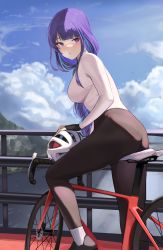1girl absurdres alternate_costume ass bicycle bicycle_helmet blue_sky blush braid breasts cloud commentary_request contemporary day dolri feet_out_of_frame fingerless_gloves genshin_impact gloves helmet high-waist_pants highres large_breasts long_hair long_sleeves looking_at_viewer low-braided_long_hair low-tied_long_hair mole mole_under_eye multicolored_hair outdoors pants purple_eyes purple_hair raiden_shogun railing shirt sidelocks single_braid sitting sky socks solo sportswear streaked_hair tight_clothes turtleneck two-tone_hair unworn_headwear unworn_helmet white_shirt white_socks yoga_pants