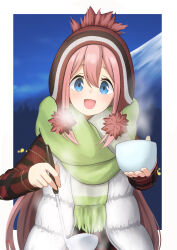 1girl absurdres beanie blue_eyes border bowl camping double-parted_bangs down_vest green_scarf hair_between_eyes hat highres holding holding_bowl holding_ladle kagamihara_nadeshiko ladle long_hair long_sleeves looking_at_viewer mount_fuji mountain nao_suke night open_mouth outdoors pink_hair plaid_clothes plaid_shirt pom_pom_(clothes) pom_pom_beanie red_hat scarf shirt smile solo upper_body vest white_border white_vest yurucamp