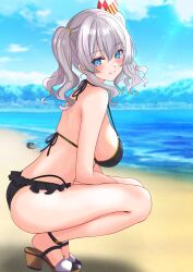 1girl absurdres beach between_legs bikini black_bikini blue_eyes blue_sky blush breasts cloud cloudy_sky curvy frills grey_hair hair_between_eyes hand_between_legs highres kantai_collection kashima_(kancolle) large_breasts looking_at_viewer nitamako_(sakamalh) ocean open_mouth sand sandals shadow sky smile solo squatting swimsuit thick_thighs thighs twintails