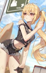 1girl absurdres ahoge belt black_belt black_gloves black_shirt black_shorts blonde_hair blue_sky blush breasts cleavage cloud cutoffs day gloves highres hitchhiking leaning_forward luciana_de_montefio medium_breasts messy_hair midriff navel outdoors parted_lips revision shirt short_shorts shorts side_ponytail sign single_glove sky solo suumon sweat thumbs_up torn_clothes torn_shirt zenless_zone_zero