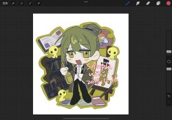 Rule 34 | 1boy, :d, alternate eye color, art program in frame, ascot, black ascot, black pants, bookshelf, bottle, chengzimianbao, chibi, coat, collared shirt, floor of art&#039;s glowing creature, full body, green coat, green eyes, green hair, hair bun, highres, holding, holding bottle, library of ruina, long hair, long sleeves, looking at viewer, male focus, netzach (project moon), open mouth, painting (object), pants, project moon, shirt, simple background, smile, solo, standing, undone ascot, white background, white shirt
