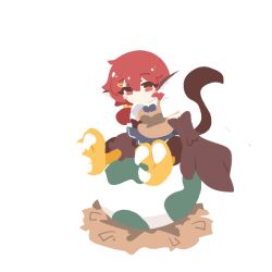 Rule 34 | 1girl, animal ears, big o pants, bird ears, bird legs, bird tail, black skirt, blush stickers, breasts, brown feathers, brown vest, brown wings, commentary, egg, feather fingers, feathers, fio-chan (big o pants), harpy, long hair, monster girl, nest, no lineart, original, red eyes, red hair, shirt, sitting, skirt, solo, tail, talons, transparent background, vest, white shirt, winged arms, wings