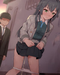 1boy 1girl black_hair black_shoes black_skirt breasts closed_mouth commentary_request gakuen_idolmaster green_eyes highres idolmaster jacket long_hair long_sleeves miniskirt outdoors paid_reward_available panties panty_pull pee peeing plaid_clothes plaid_jacket seneto shoes skirt small_breasts solo_focus tsukimura_temari underwear white_panties