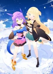 2girls aizawa_azusa bad_id bad_pixiv_id benio_(dontsugel) blue_eyes blue_skirt boots braid breasts brown_coat brown_footwear cleavage coat collarbone flatorte_(slime_taoshite_300_nen) full_body green_eyes hands_on_own_hips highres long_hair looking_at_viewer multiple_girls official_art one_eye_closed orange_boots pink_skirt purple_hair skirt slime_taoshite_300_nen_shiranai_uchi_ni_level_max_ni_nattemashita tail very_long_hair