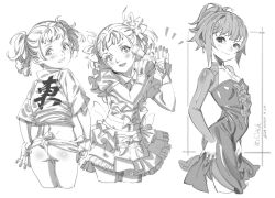 Rule 34 | 3girls, alphonse (white datura), ass, blush, breasts, cowboy shot, cropped legs, dress, fundoshi, greyscale, highres, holding, holding microphone, idol, japanese clothes, looking at viewer, looking back, microphone, mizu happi, monochrome, multiple girls, open mouth, original, short hair, short twintails, sketch, skirt, small breasts, smile, twintails