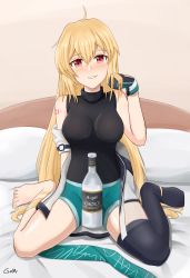 1girl alcohol aqua_shorts arm_behind_back artist_name barefoot bed bedroom black_bodysuit black_thighhighs blonde_hair blush bodysuit bottle breasts closed_mouth clothes_pull gamryous girls&#039;_frontline gloves green_hairband hairband hand_in_own_hair hand_on_back hand_up highres jacket jacket_pull long_hair looking_at_viewer medium_breasts multicolored_gloves no_shoes number_tattoo on_bed pillow red_eyes shorts simple_background single_thighhigh sitting smile soles solo spread_legs sv-98_(girls&#039;_frontline) tattoo thighhighs toes unworn_hairband vodka