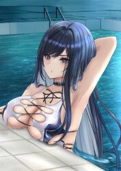 1girl absurdres arm_behind_head armpits belt_collar blue_eyes blue_hair blue_one-piece_swimsuit breasts cleavage collar colored_inner_hair commentary_request highres large_breasts long_hair multicolored_hair one-piece_swimsuit partially_submerged pool pool_ladder raven_(stellar_blade) solo stellar_blade sunameri_(pixiv3564245) swimsuit two-tone_hair very_long_hair wet