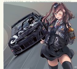 Rule 34 | 1boy, 1girl, alcohol, austin dillon, black headwear, black jacket, black skirt, black thighhighs, black vest, blue nails, blue necktie, blush, bottle, breasts, brown hair, car, character name, chevrolet, chevrolet camaro, chevrolet camaro (6th generation), collared shirt, commentary request, commission, driving, hat, helmet, highres, holding, holding bottle, jack daniel&#039;s, jacket, kantai collection, long hair, medium breasts, mini hat, monster energy, motor vehicle, muscle car, nascar, necktie, one eye closed, one side up, race vehicle, racecar, racetrack, saratoga (kancolle), shirt, skeb commission, skirt, solo focus, thighhighs, thrux, thumbs up, vehicle focus, vehicle name, vest, whiskey, white shirt